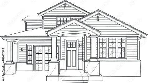 Realistic house sketch template. Graphic vector illustration in black and white for games ...