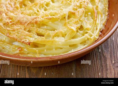 cheese timbale - French cuisine.casserole of pasta macaroni with cream sauce and cheese Stock ...