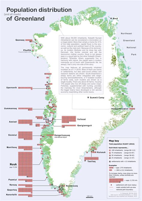 Population distribution (and roads) of Greenland - Vivid Maps