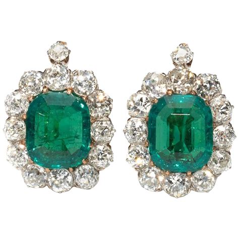 Antique Emerald Diamond Gold Cluster Earrings at 1stdibs