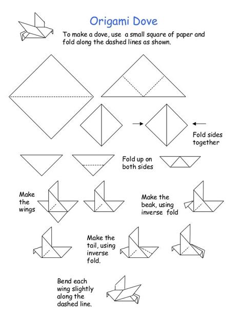 Origami Dove To make a dove, use a small square of paper and fold along the dashed lines as ...