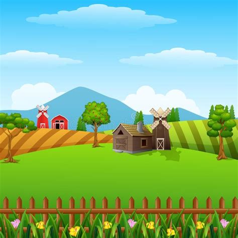 Farm landscape with shed and brown windmill on daylight. Illustration of farm landscape with ...