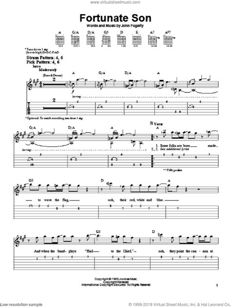 Fortunate Son sheet music (easy) for guitar solo (easy tablature)