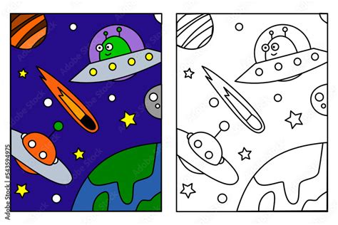 Cute ufo and spaceship flying in space coloring page for kids drawing ...