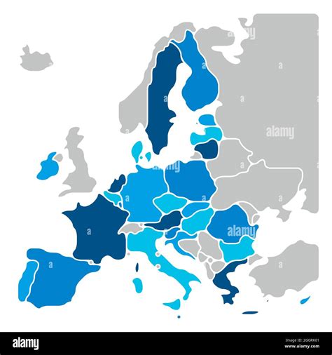 Simplified map of EU, European Union. Rounded shapes of states with smoothed border. Blue simple ...