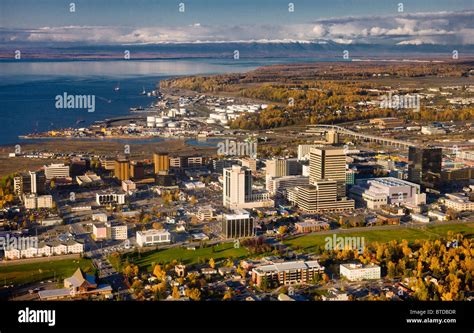 Aerial view of the Anchorage skyline looking North towards Knik Arm and the Talkeetna Mountains ...