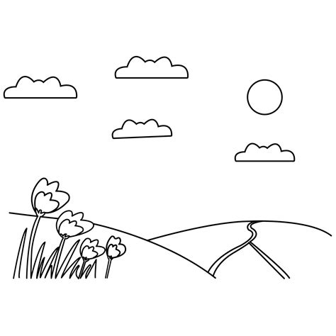 a black and white drawing of a road and flowers 27192845 Vector Art at Vecteezy