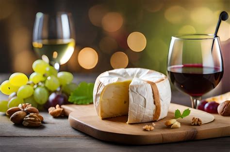 Premium AI Image | cheese and grapes on a wooden board with a glass of ...