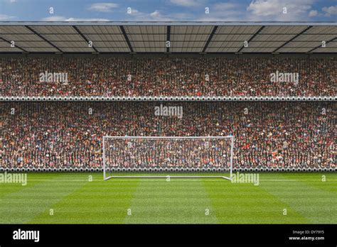 computer generated football stadium stand with crowd, goal posts and ...