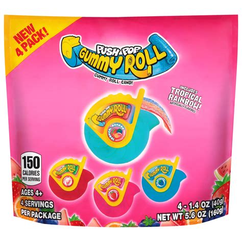 Push Pop Assorted Fruit Flavored Gummy Roll Candy, Variety Pack 5.6oz Bag, 4 - 1.4 oz Regular ...