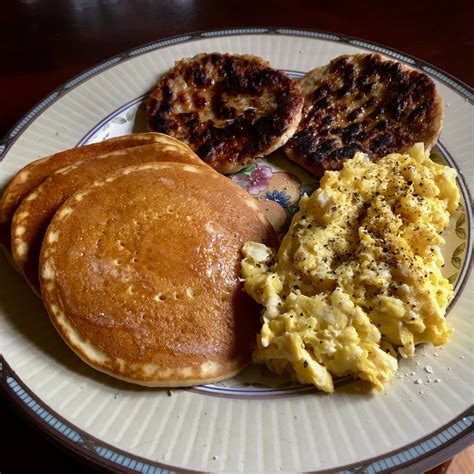 Walmart Breakfast. Frozen pancakes and sausage joined with eggs. Cheap and freezer to pan to ...