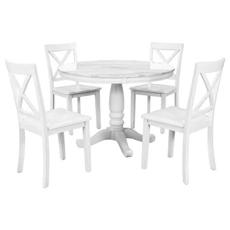 5-Piece Round White Wood Top Dining Table and Chairs Set with 4 Chairs ...