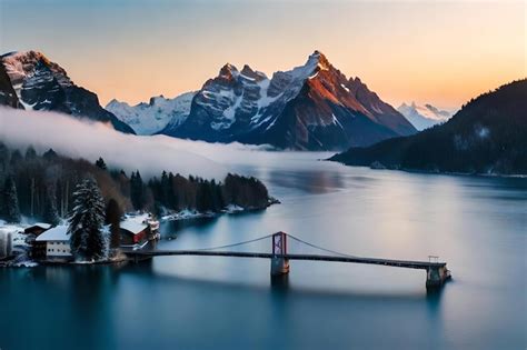 Premium Photo | A bridge over a lake at sunset