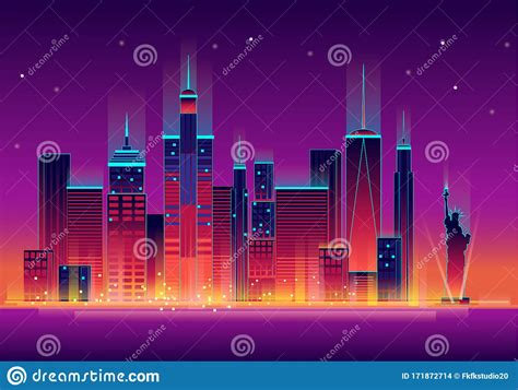 Night New York City with Statue of Liberty Backlit in Neon, Vector ...