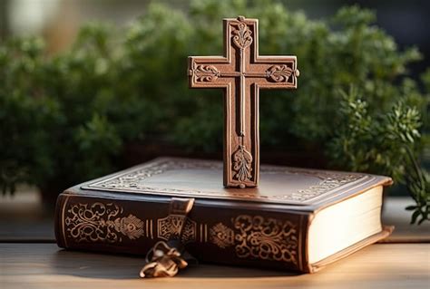 Premium AI Image | the cross on top of a bible in the style of wood