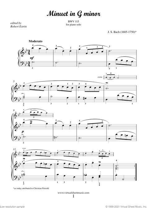 Free Minuet in G minor sheet music for piano solo - High-Quality