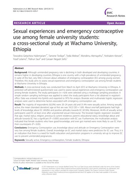 (PDF) Sexual experiences and emergency contraceptive use among female university students: a ...