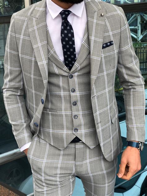 Buy Gray Slim Fit Plaid Suit by Gentwith.com with Free Shipping