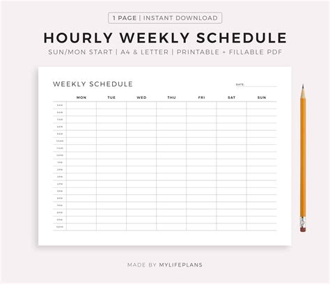 Hourly Weekly Schedule Landscape, Printable & Fillable PDF