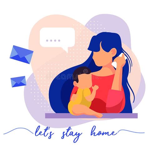 Stay with Child at Home Concept. Girl Talking on the Phone at Home with Child. Vector ...