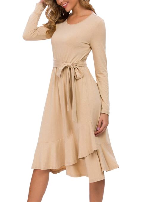 OLRIK Womens Plain Long Sleeve Flowy Modest midi dress work Casual Long Sleeve Midi Dress with ...