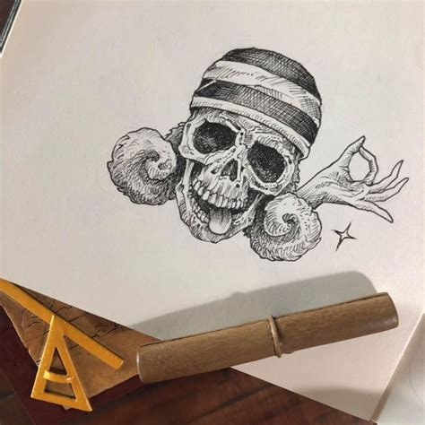 a pencil drawing of a skull wearing a pirate hat