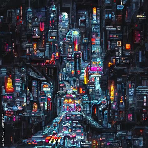 Cyberpunk city street. Sci-fi wallpaper. Futuristic city scene in a style of pixel art. 80's ...