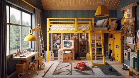 Premium AI Image | A constructionthemed kids' room with a loft bed designed like a mini ...