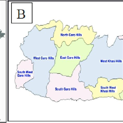 A-B. A, map of India showing Meghalaya state (red color); B, District... | Download Scientific ...