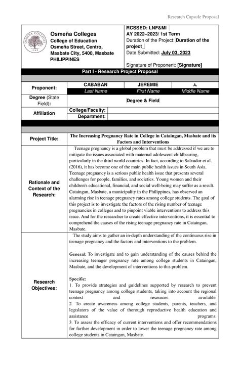 Research Capsule-Proposal TeenAge Pregnancy - Osmeña Colleges College ...