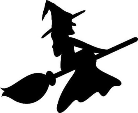 a black and white silhouette of a witch flying on a broom with a hat on ...