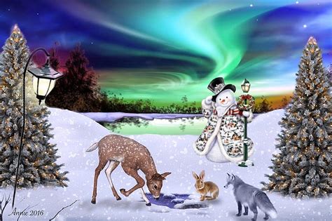 Fantasy Winter Scene, rabbit, northern lights, Pond, aurua borealis ...