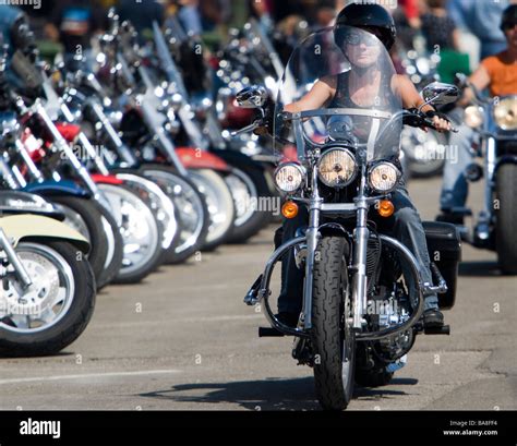 Woman rider annual Sturgis Motorcycle Rally South Dakota USA Stock ...