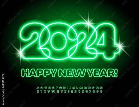 Vector Neon Greeting card Happy New Year 2024! Green electric Font. Glowing Alphabet Letters and ...