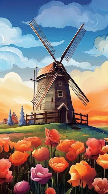 Premium AI Image | Whimsical windmill in a field of tulips wallpaper ...