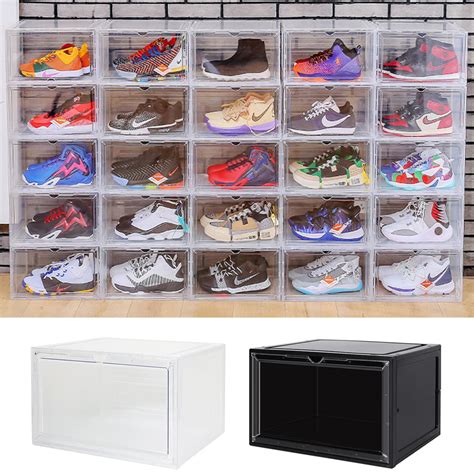 Plastic Shoe Box, 4/8/12x Stackable Black/ Clear Shoe Storage Box Sneaker Storage Bins Shoe ...
