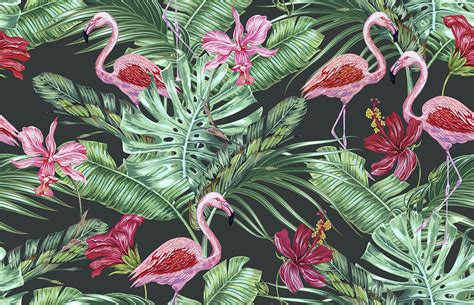 Tropical flowers, palm leaves, hibiscus, orchid flower, jungle foliage, pink flamingos floral ...