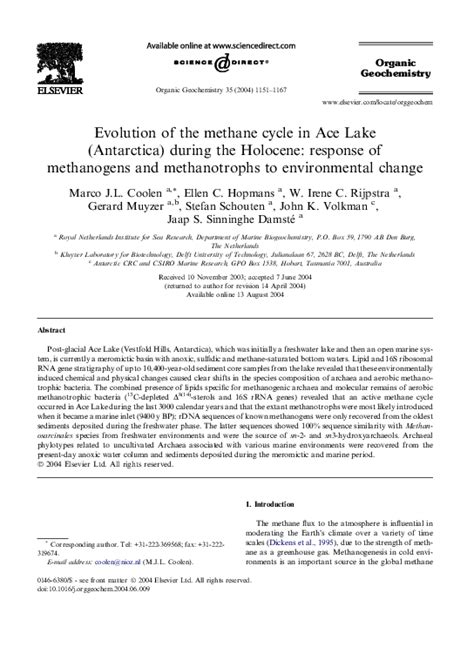 (PDF) Evolution of the methane cycle in Ace Lake (Antarctica) during ...