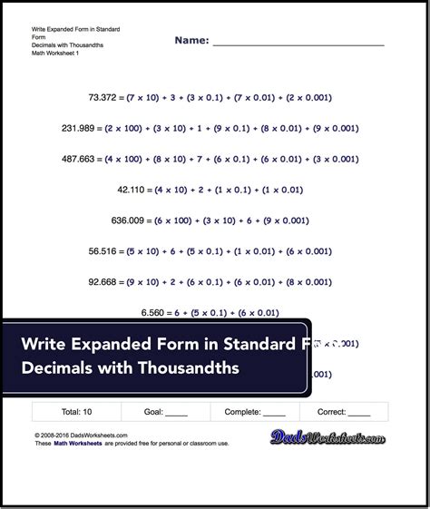 Standard And Expanded Form Decimals Worksheet