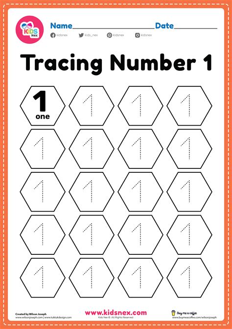 Preschool Number 1 Tracing Worksheet PDF Printable for Kindergarten