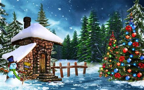 Merry Christmas, forest, stars, hut, snow, decoration, snowman ...