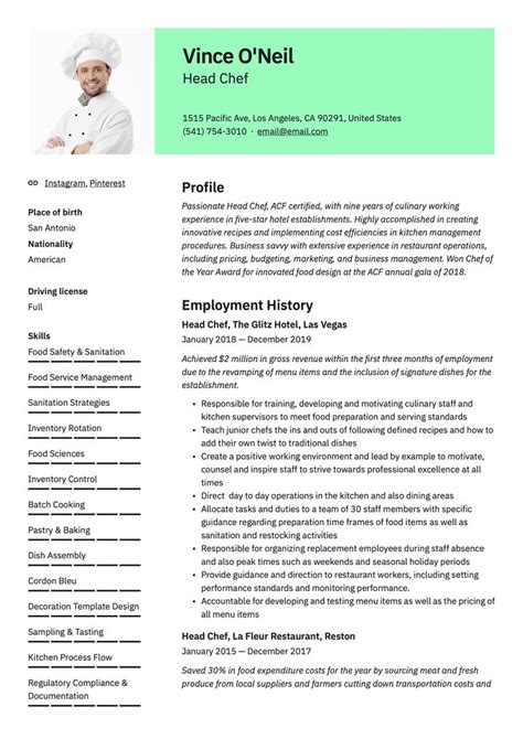 Head Chef Resume Sample | Chef resume, Chef, Resume