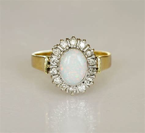 Vintage Opal Diamond Halo Engagement Ring 18k Yellow Gold Cluster O (UK ...