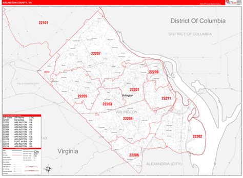 Arlington County, VA Zip Code Wall Map Red Line Style by MarketMAPS - MapSales