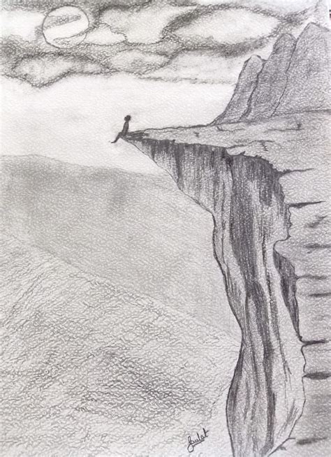 a pencil drawing of a man standing at the edge of a cliff