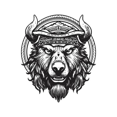 bear wearing viking helmet, vintage logo concept black and white color, hand drawn illustration ...