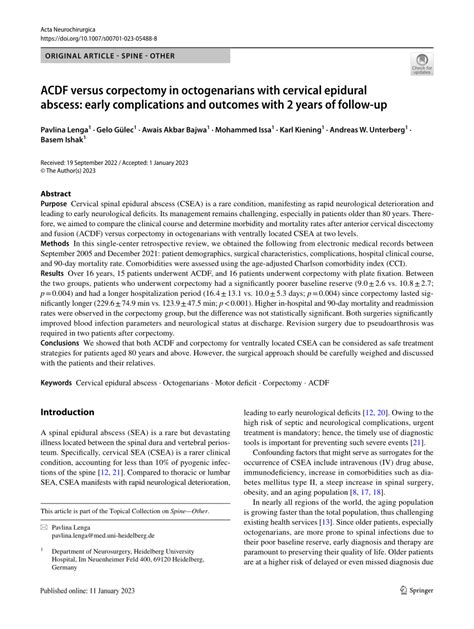 (PDF) ACDF versus corpectomy in octogenarians with cervical epidural abscess: early ...