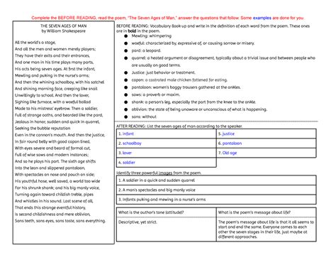 Seven Ages of Man - Complete the BEFORE READING, read the poem, “The Seven Ages of Man,” answer ...