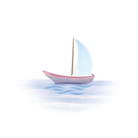 Sail boat. Cute boat with sails over marine background. Sailboat travel and water waves ...