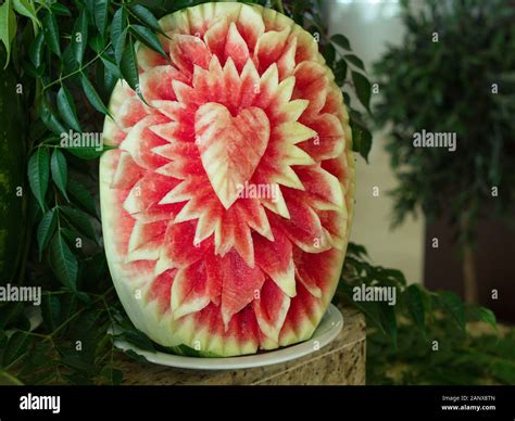 Watermelon carving art name "Mukimono". Traditional Japanese art Stock ...